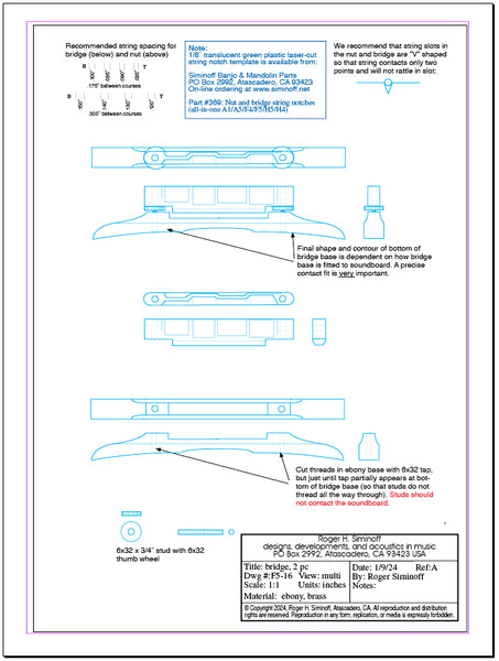 Technical drawing of a mandolin bridge assembly with labeled parts and text instructions.