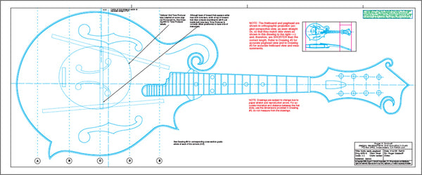 Full size blueprints and plans for building an F5 mandolin designed by Lloyd Loar.